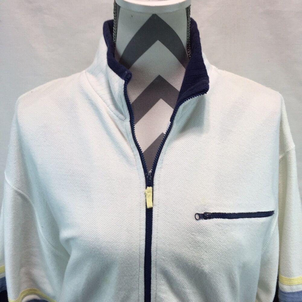 Blast Blue White Stripe Cotton Sweater Jacket Full Zip Bottom Pockets Medium MM5